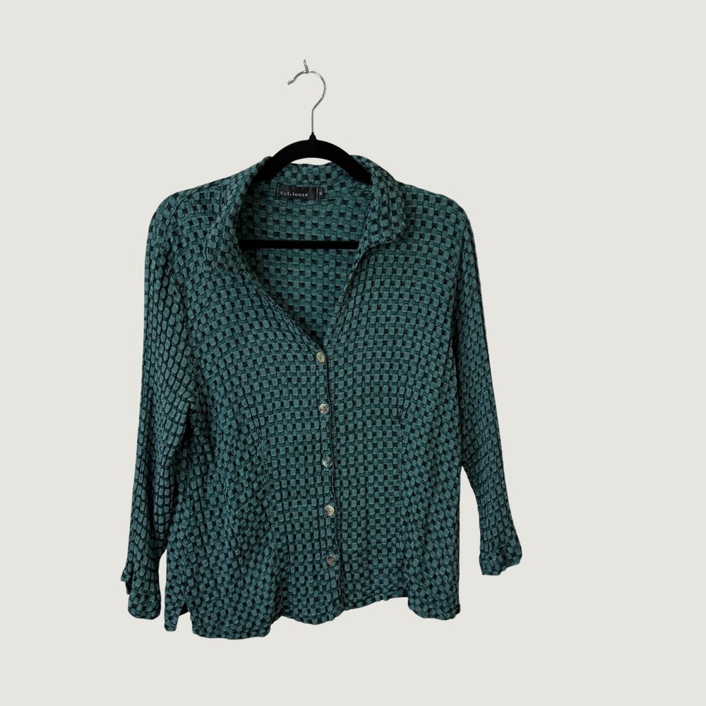 Cut Loose XL Teal Black Textured Geometric Button Down Shirt Artsy Lagenlook